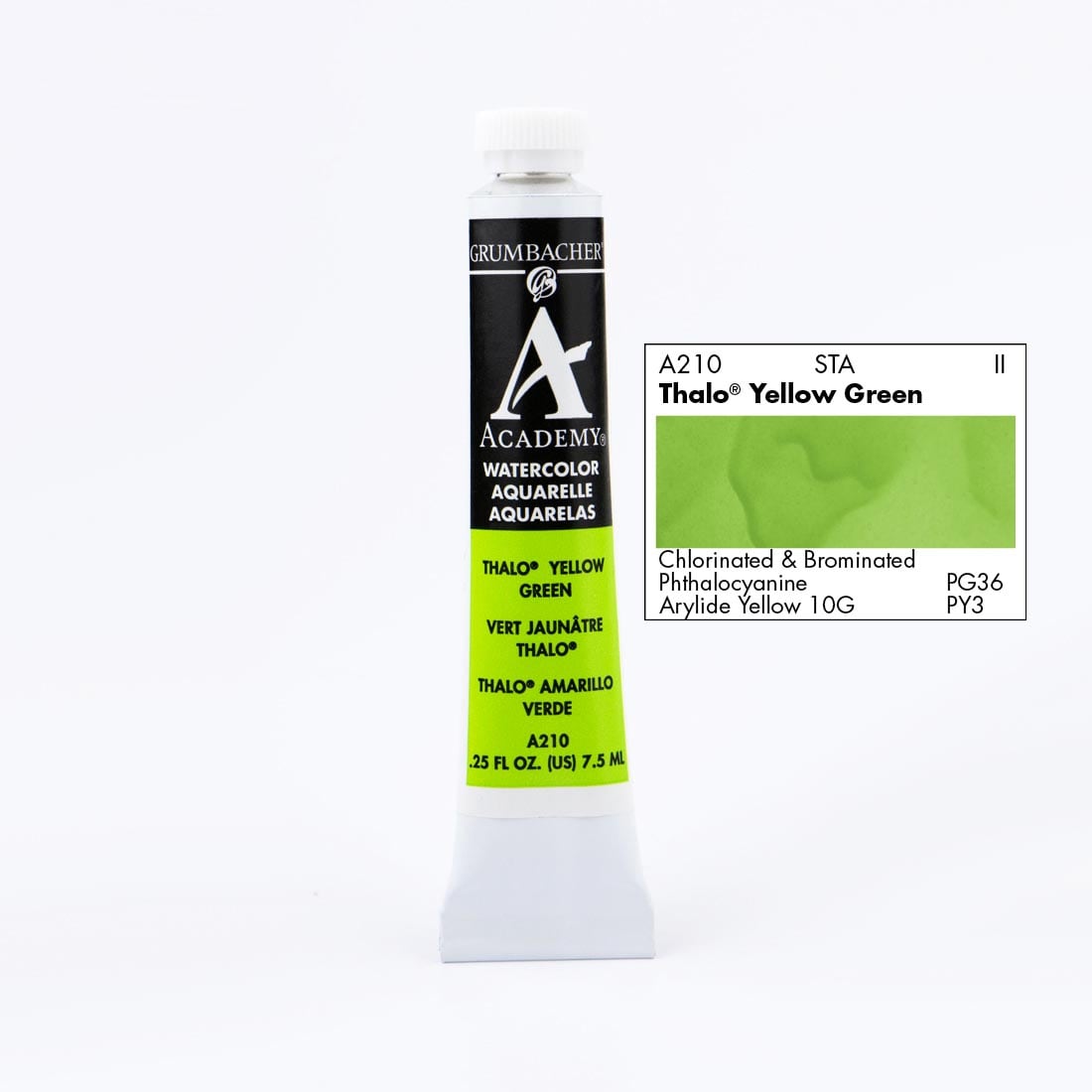 Tube of Grumbacher Academy Watercolor beside Thalo Yellow Green color swatch