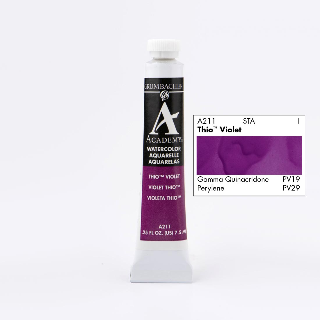 Tube of Grumbacher Academy Watercolor beside Thio Violet color swatch