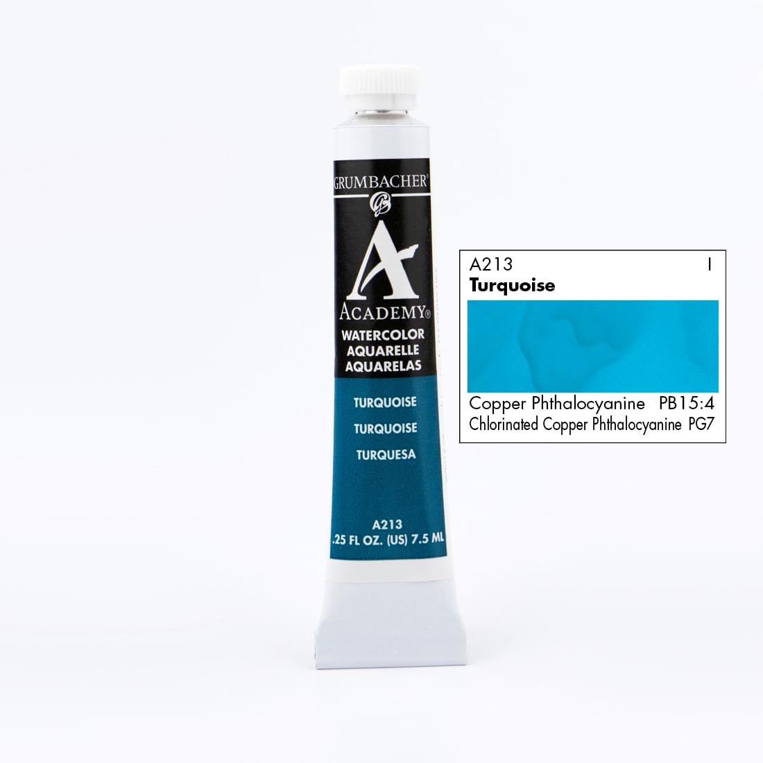 Tube of Grumbacher Academy Watercolor beside Turquoise color swatch