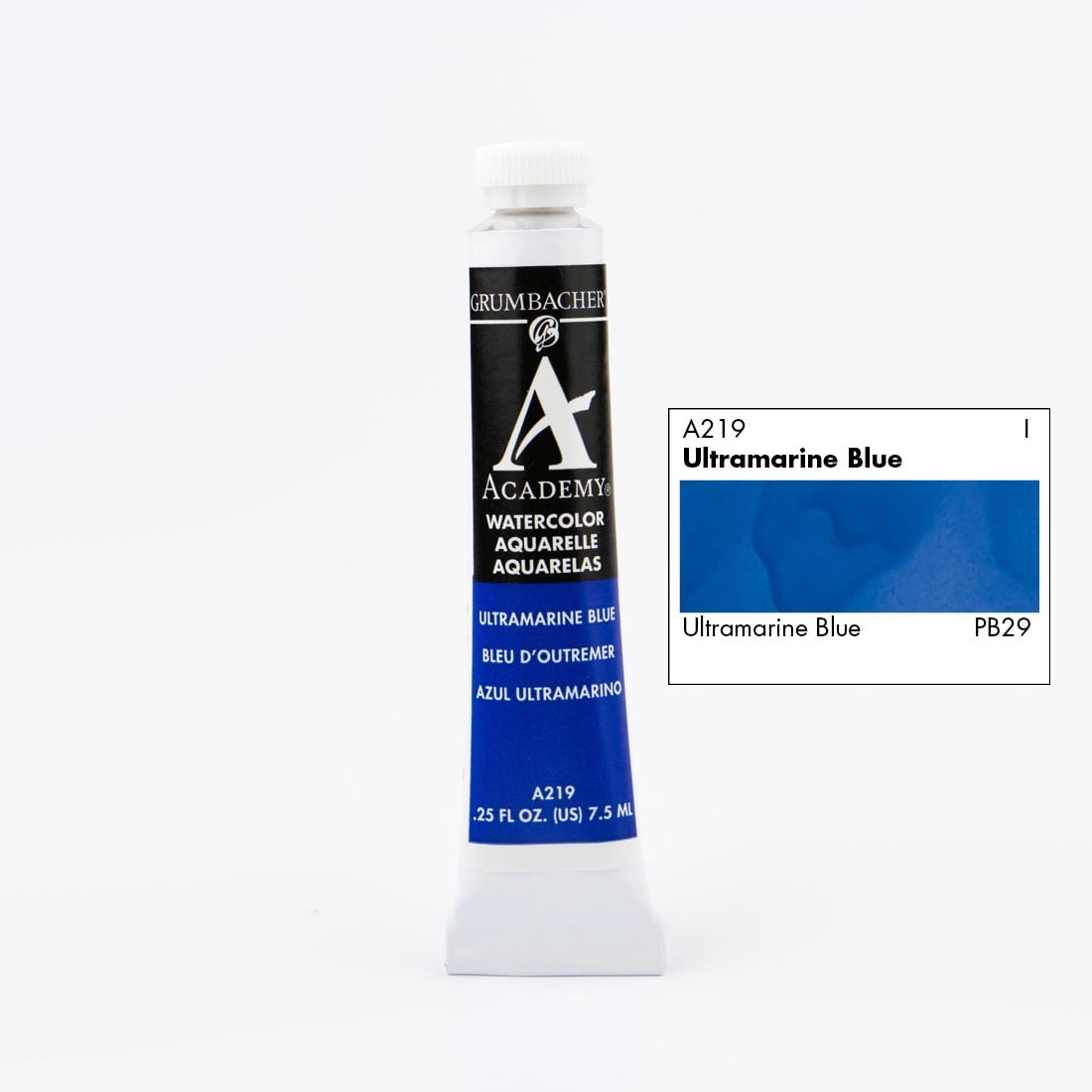 Tube of Grumbacher Academy Watercolor beside Ultramarine Blue color swatch