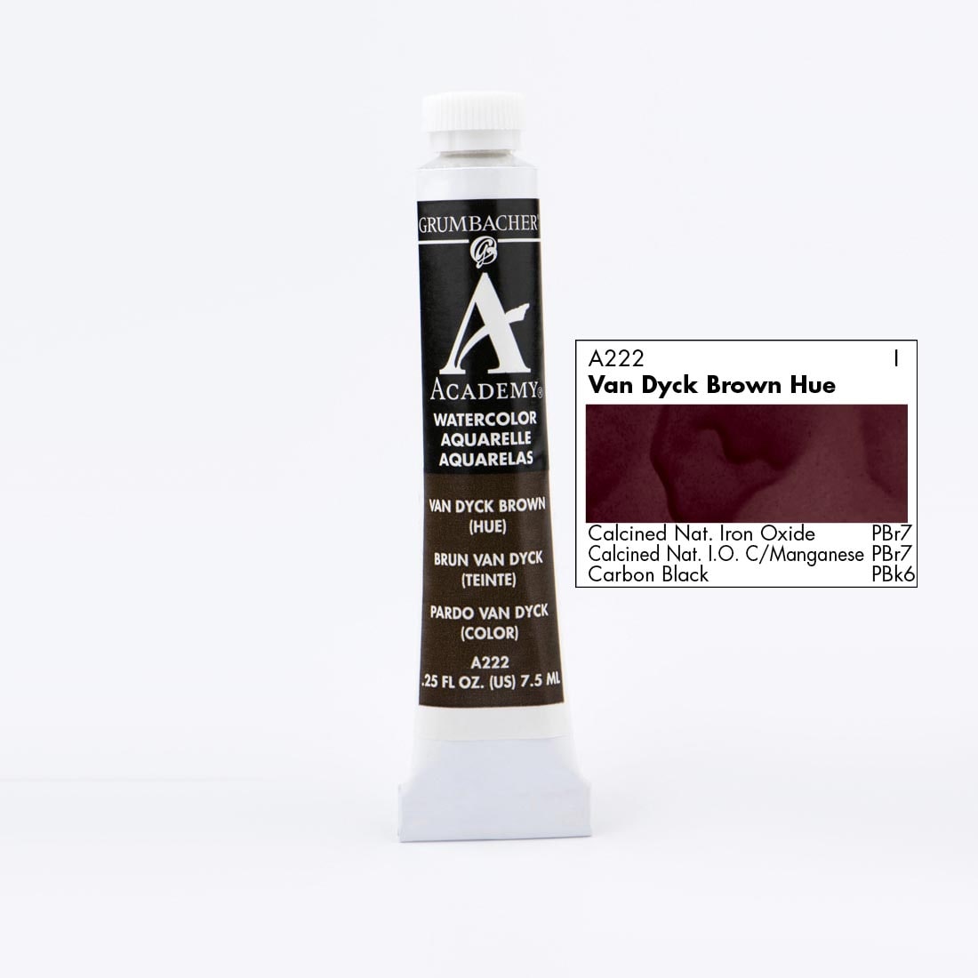 Tube of Grumbacher Academy Watercolor beside Van Dyck Brown Hue color swatch