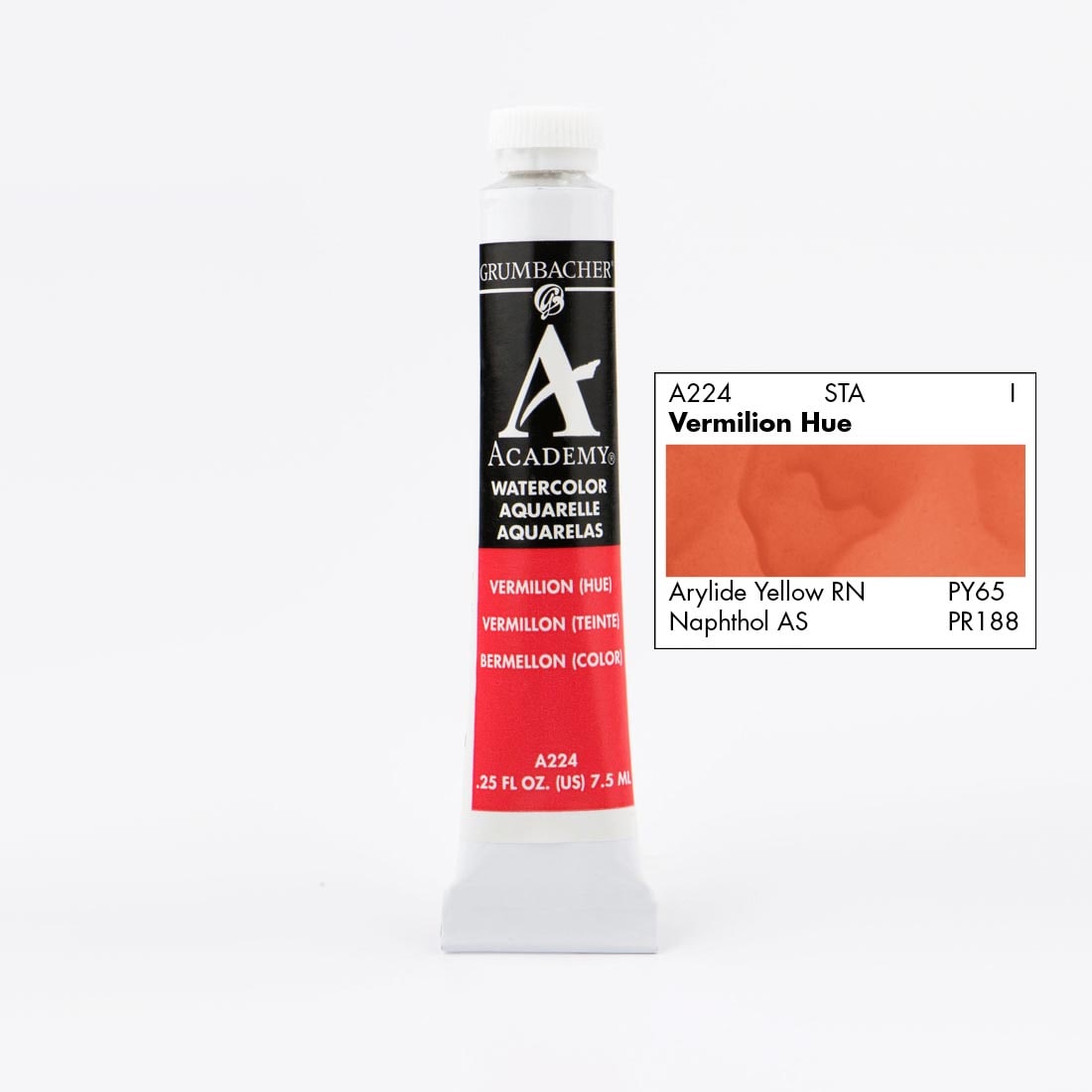 Tube of Grumbacher Academy Watercolor beside Vermilion Hue color swatch