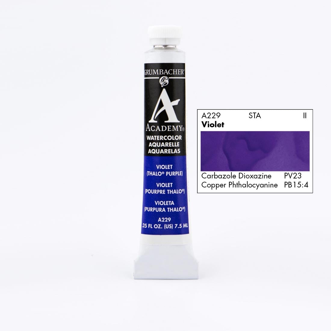 Tube of Grumbacher Academy Watercolor beside Violet color swatch