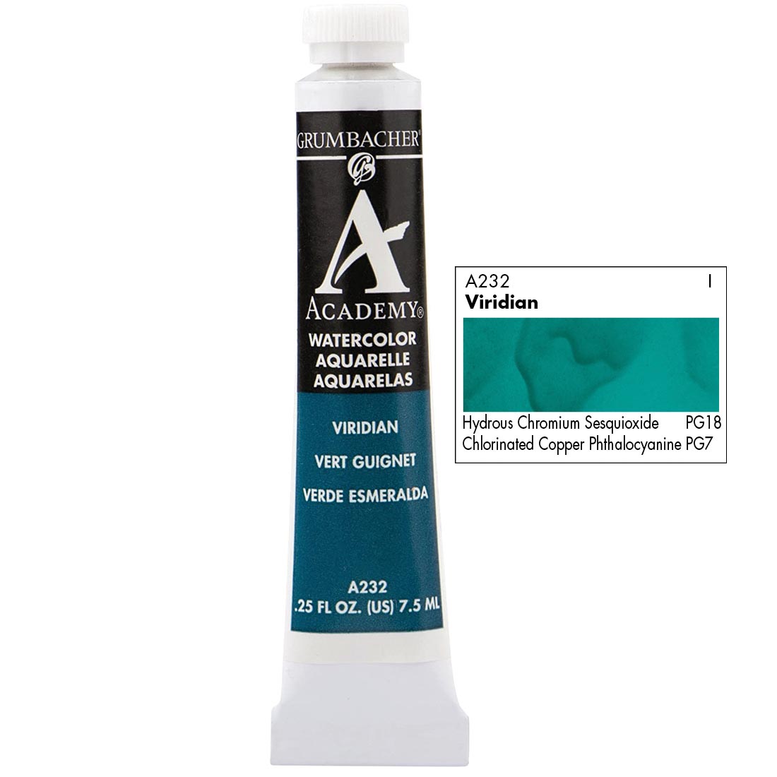 Tube of Grumbacher Academy Watercolor beside Viridian color swatch