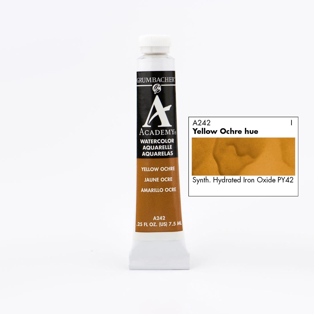 Tube of Grumbacher Academy Watercolor beside Yellow Ochre hue color swatch