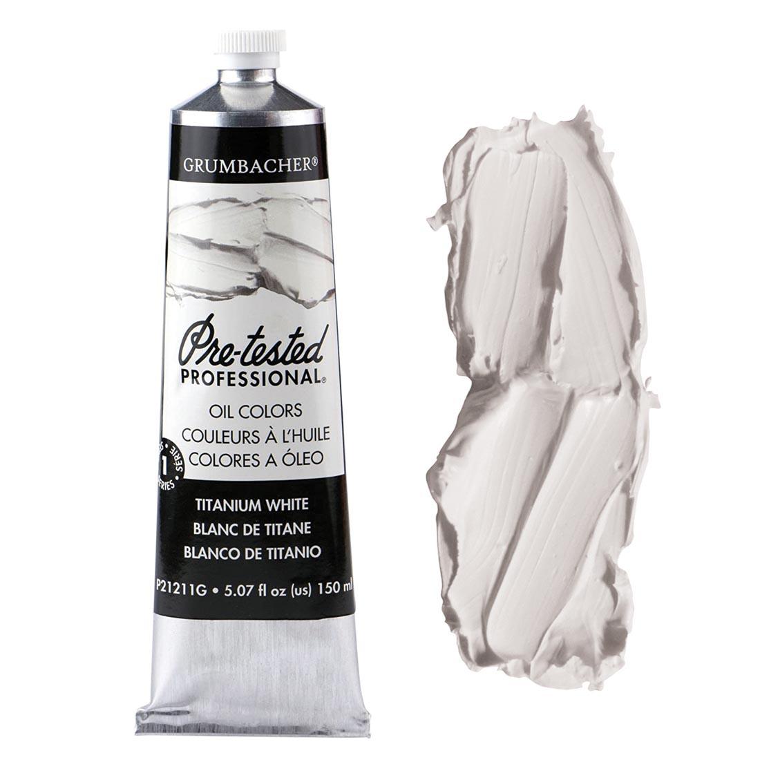 Tube of Titanium White Grumbacher Pre-Tested Oil Paint beside a paint swath