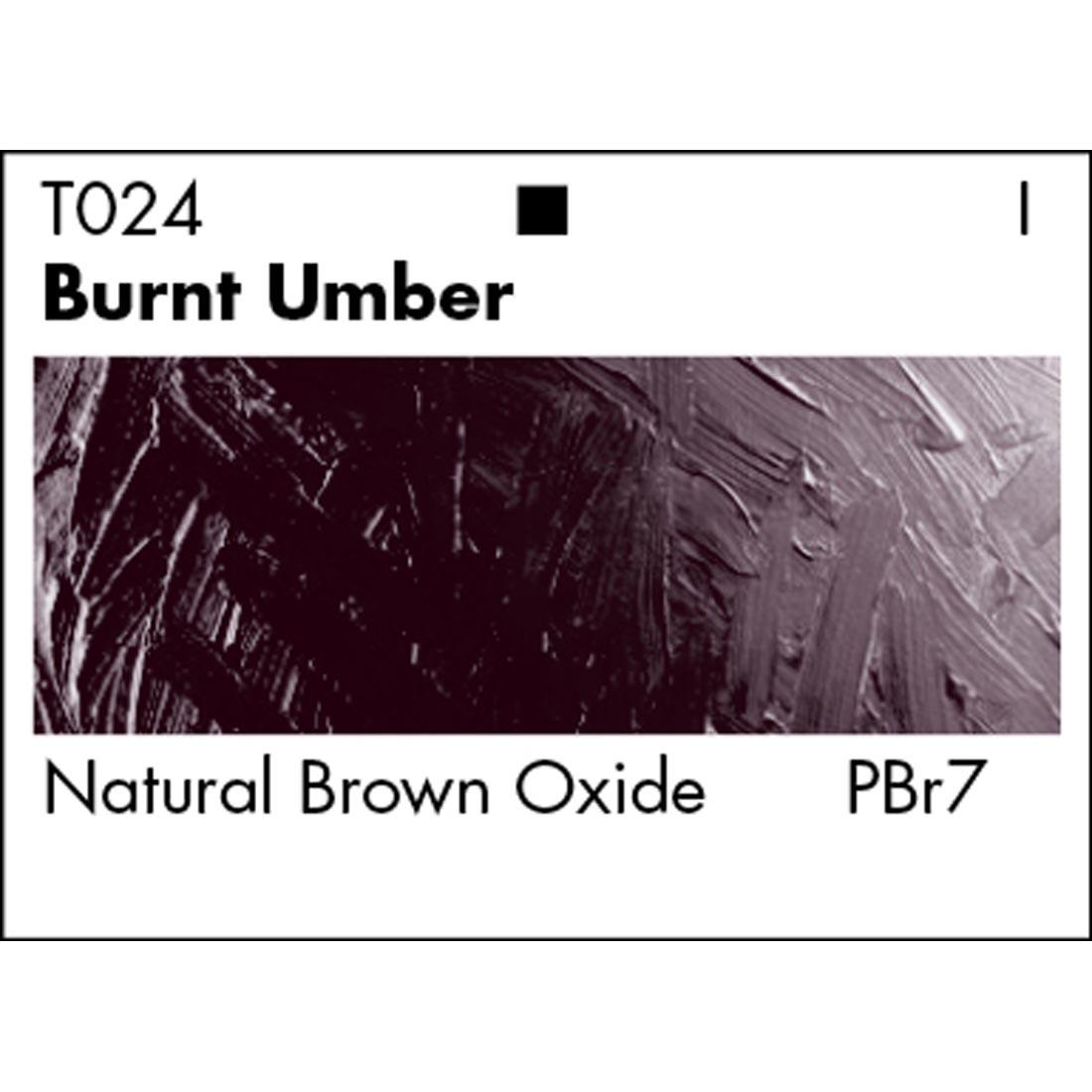 Burnt Umber Grumbacher Academy Oil Color paint swatch with pigmentation listed