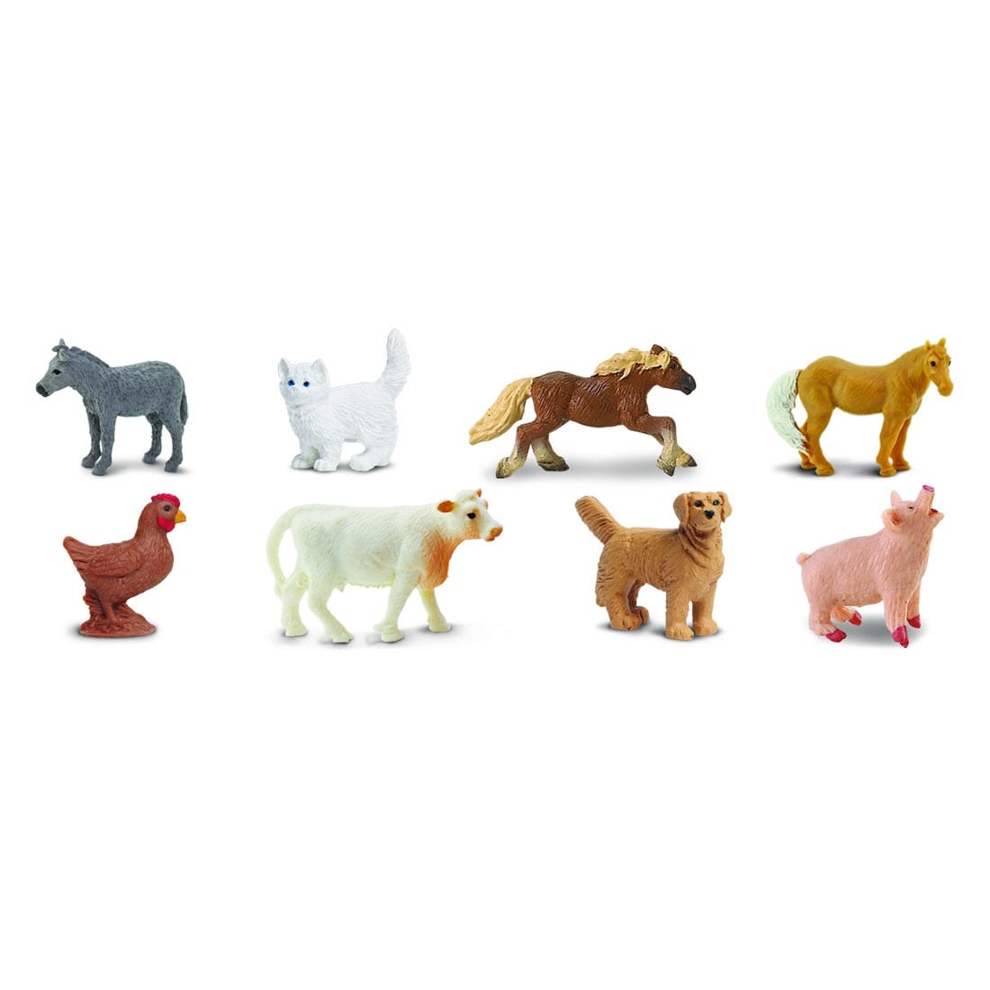 Ranch Mini Figurines include a donkey, cat, 2 different horses, chicken, cow, dog and pig