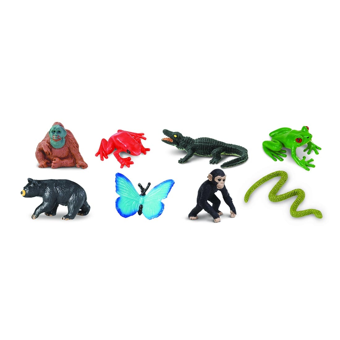 Rainforest Mini Figurines include orangutan, 2 different frogs, caiman, bear, butterfly, chimpanzee, and snake