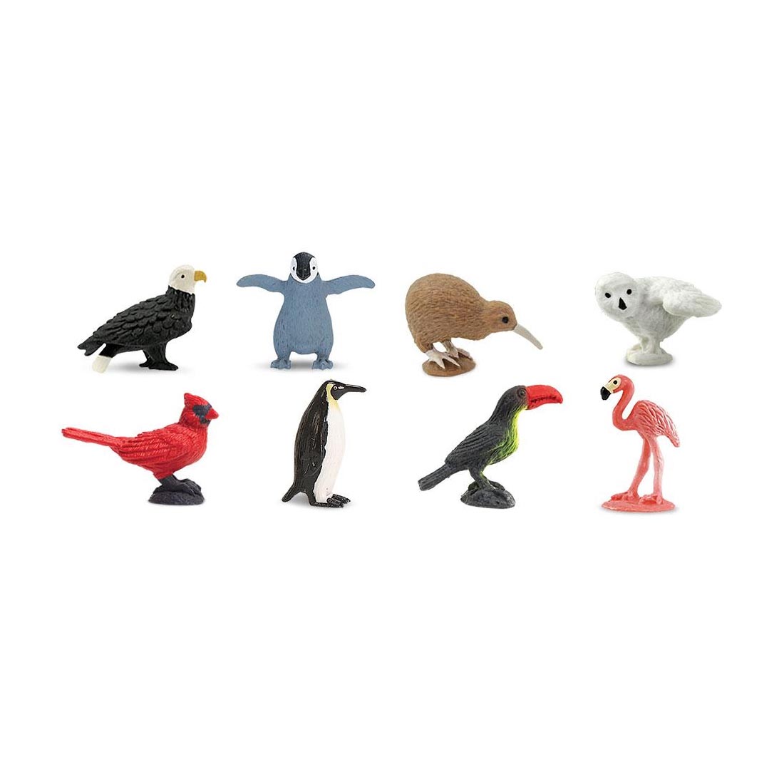 8 Mini Figurine Birds: bald eagle, penguin chick, kiwi, snowy owl, cardinal, emperor penguin, toucan and flamingo