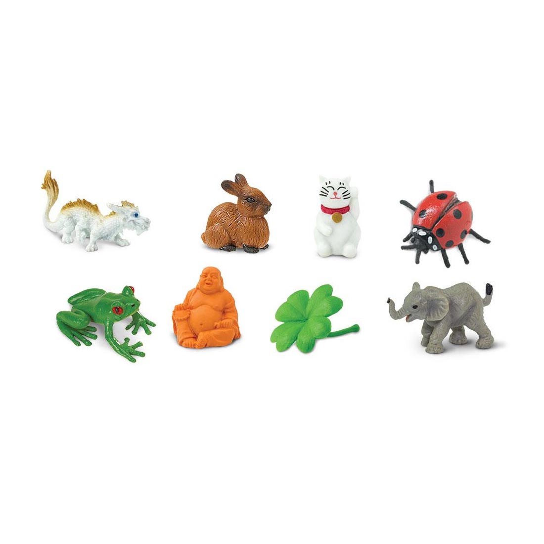 Lucky Mini Figurines include dragon, rabbit, waving cat, ladybug, frog, laughing buddha, 4-leaf clover and elephant