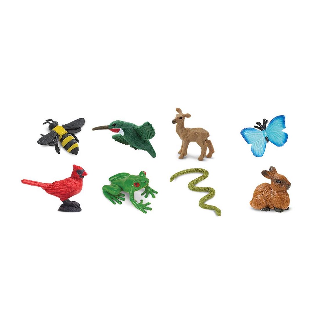 Backyard Mini Figurines include bee, hummingbird, deer, butterfly, cardinal, frog, snake and rabbit