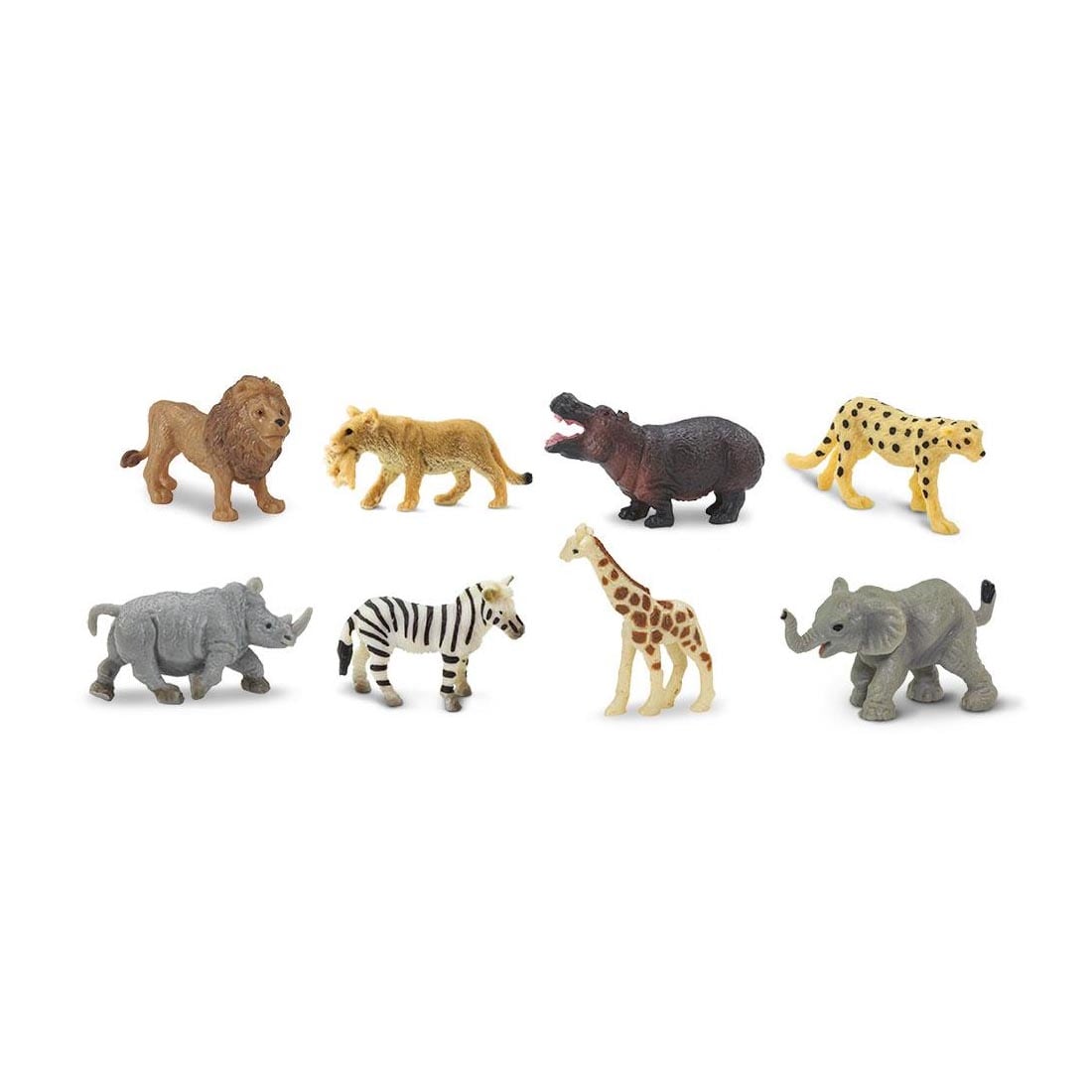 Savanna Mini Figurines include lion, lioness & cub, hippo, cheetah, rhino, zebra, giraffe and elephant