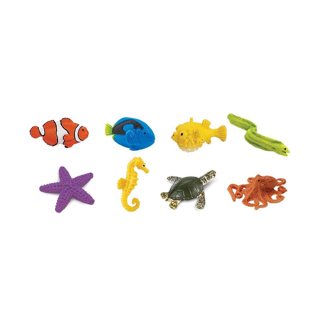 Coral Reef Mini Figurines include clownfish, blue tang, puffer fish, eel, starfish, seahorse, turtle and octopus