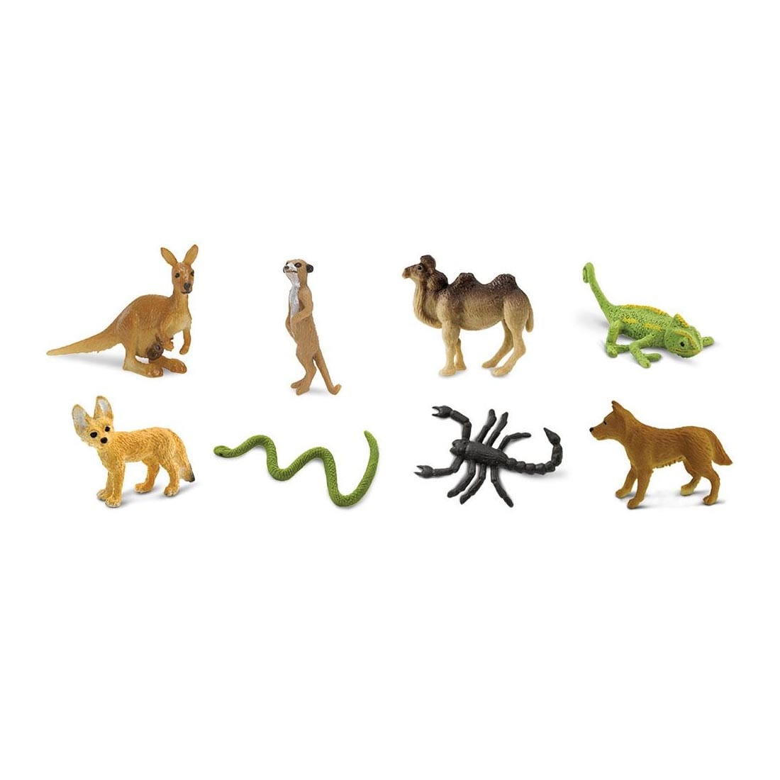 Desert Mini Figurines include kangaroo, meerkat, camel, chameleon, fox, snake, scorpion and dingo