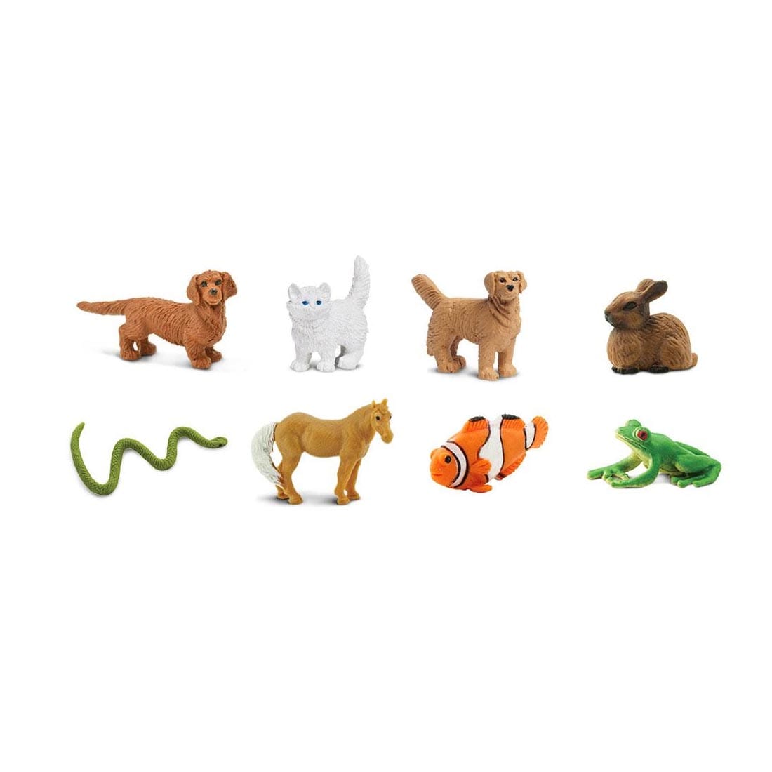 Pets Mini Figurines include dachshund, cat, golden retriever, rabbit, snake, pony, fish and frog