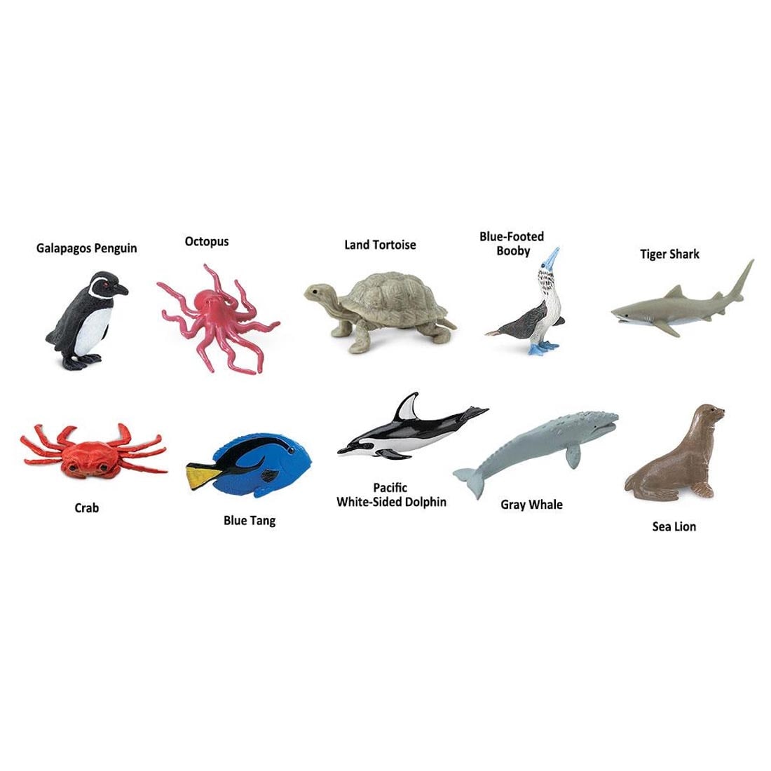 10 creatures from the Pacific Figurine Set labeled with their names: Galapagos Penguin, Octopus, Land Tortoise, Blue-Footed Booby, Tiger Shark, Crab, Blue Tank, Pacific White-Sided Dolphin, Gray Whal