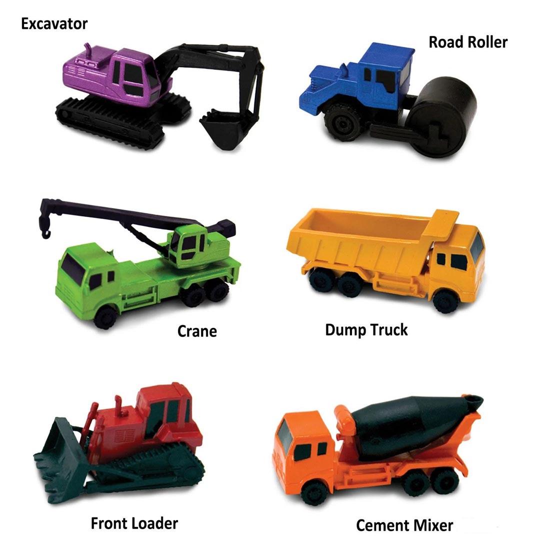 Construction Vehicles Figurine Set labeled with Excavator; Road Roller; Crane; Dump Truck; Front Loader; Cement Mixer