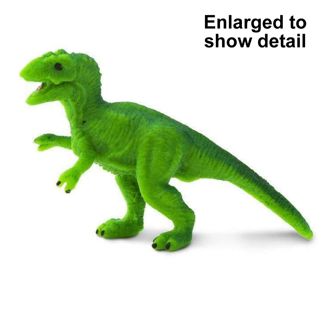 T-Rex Mini Figurine with the text Enlarged to Show Detail