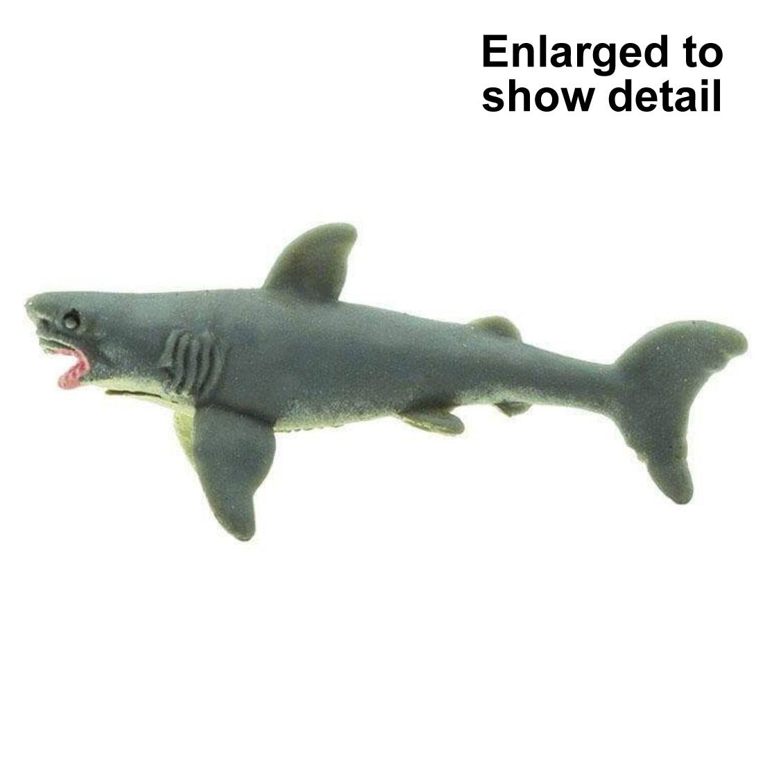 Great White Shark Mini Figurine with the text Enlarged to Show Detail