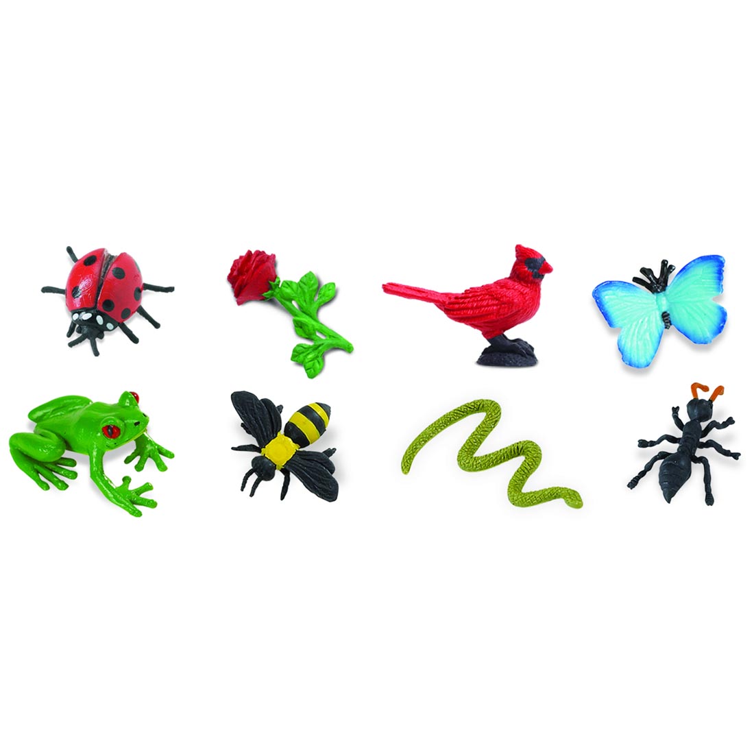 Garden Mini Figurines include ladybug, rose, cardinal, butterfly, frog, bee, snake and ant