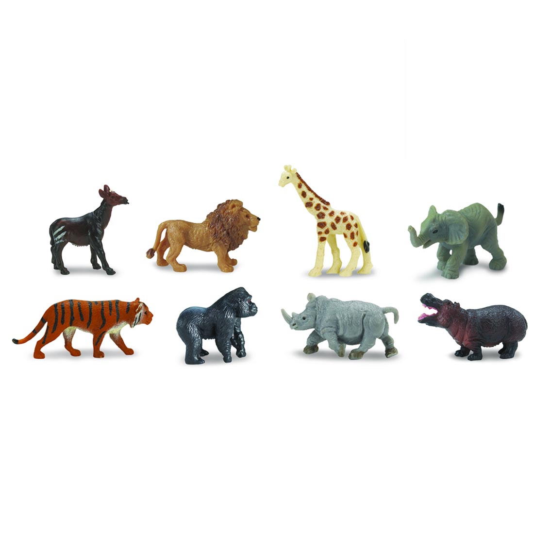 Wild Animal Mini Figurines include okapi, lion, giraffe, elephant, tiger, gorilla, rhino and hippo