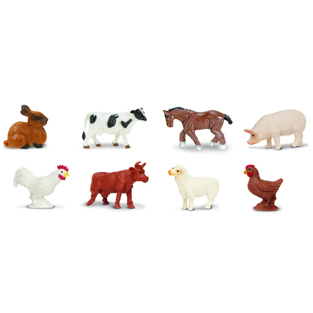 Farm Animal Mini Figurines include rabbit, holstein cow, horse, sow, rooster, brown cow, sheep and hen.