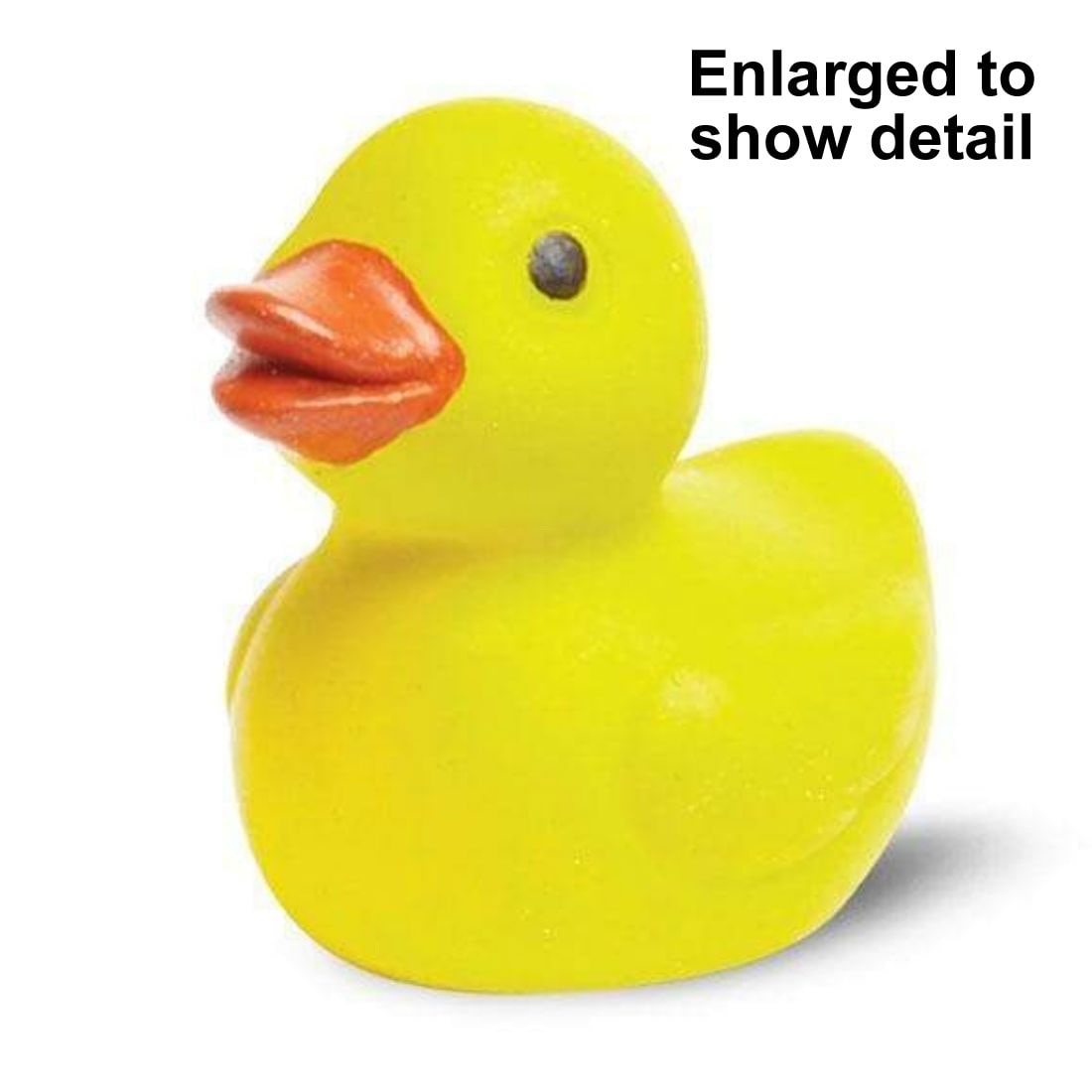 Yellow Duckie Mini Figurine with the text Enlarged to Show Detail