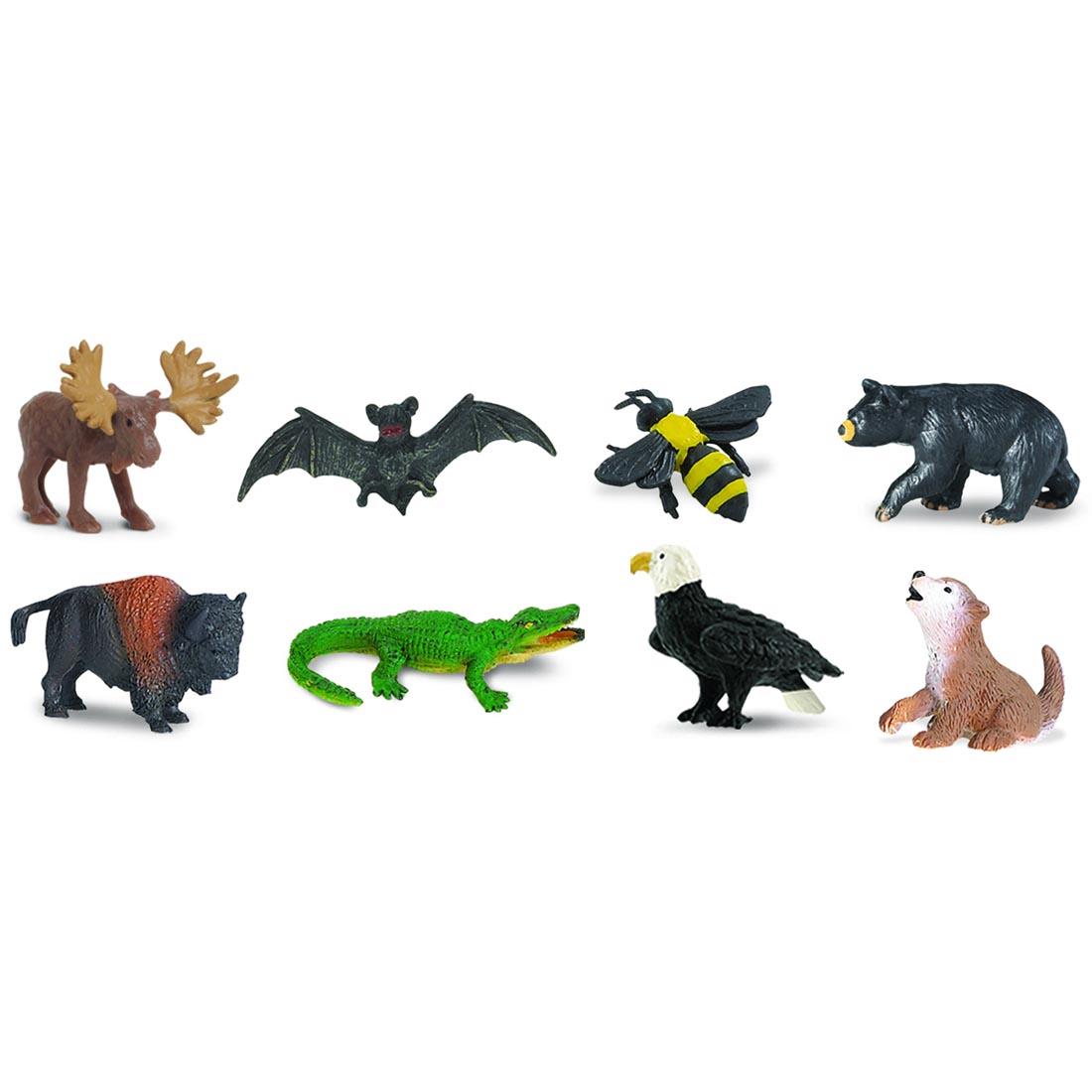 Wild American Animal Mini Figurines include moose, bat, bumblebee, black bear, bison, alligator, bald eagle and wolf pup.