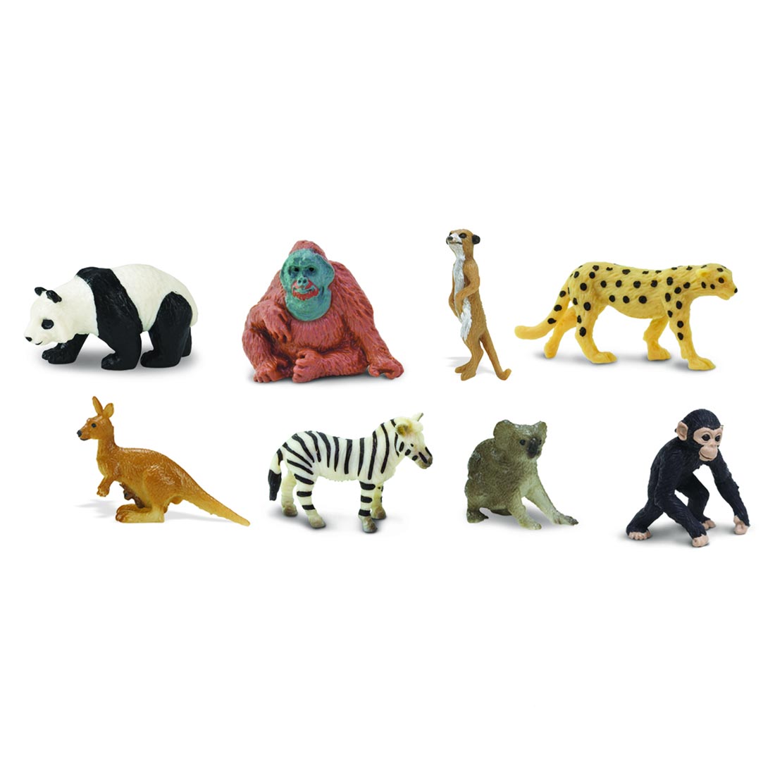 Exotic Animal Mini Figurines include panda, orangutan, meerkat, cheetah, kangaroo, zebra, koala and chimpanzee