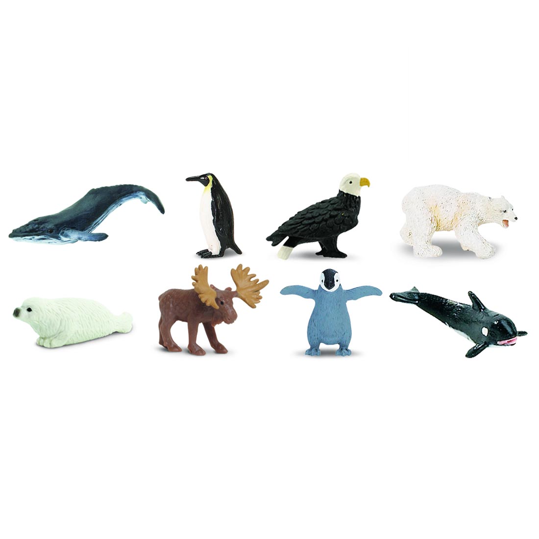 Arctic Animal Mini Figurines include humpback whale, emperor penguin, bald eagle, polar bear, harp seal, moose, penguin chick and orca