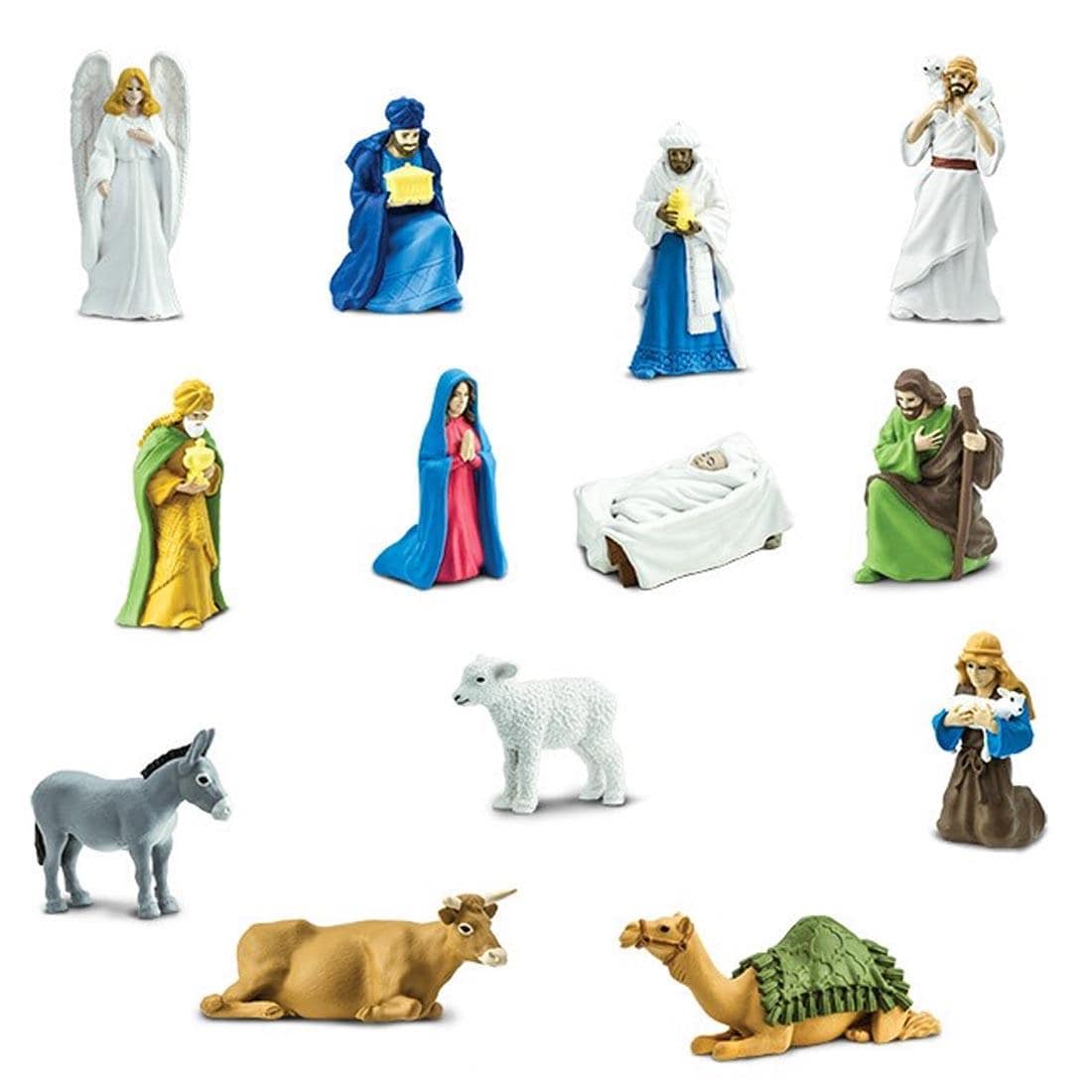 Nativity Figurines include angel, 3 wisemen, 2 shepherds, Mary, Jesus, Joseph, a lamb, donkey, ox and camel