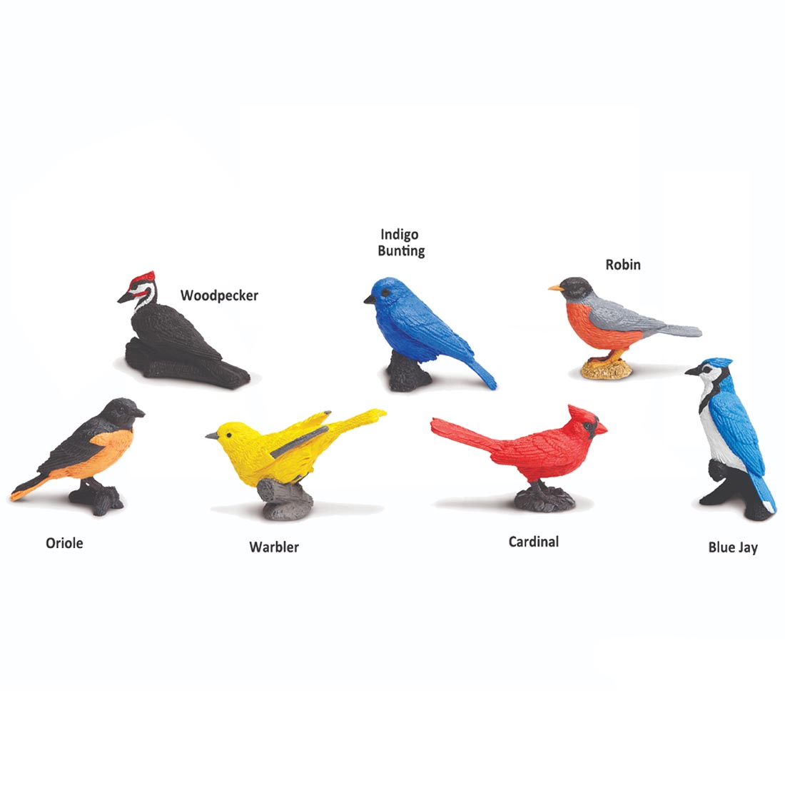 7 creatures from the Backyard Birds Figurine Set labeled with their names: Woodpecker, Indigo Bunting, Robin, Oriole, Warbler, Cardinal and Blue Jay