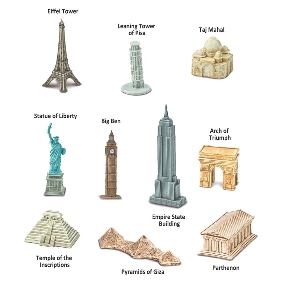 10 structures from the Around the World Figurine Set labeled with their names: Eiffel Tower, Leaning Tower of Pisa, Taj Mahal, Statue of Liberty, Big Ben, Empire State Building, Arch de Triumph, Temp