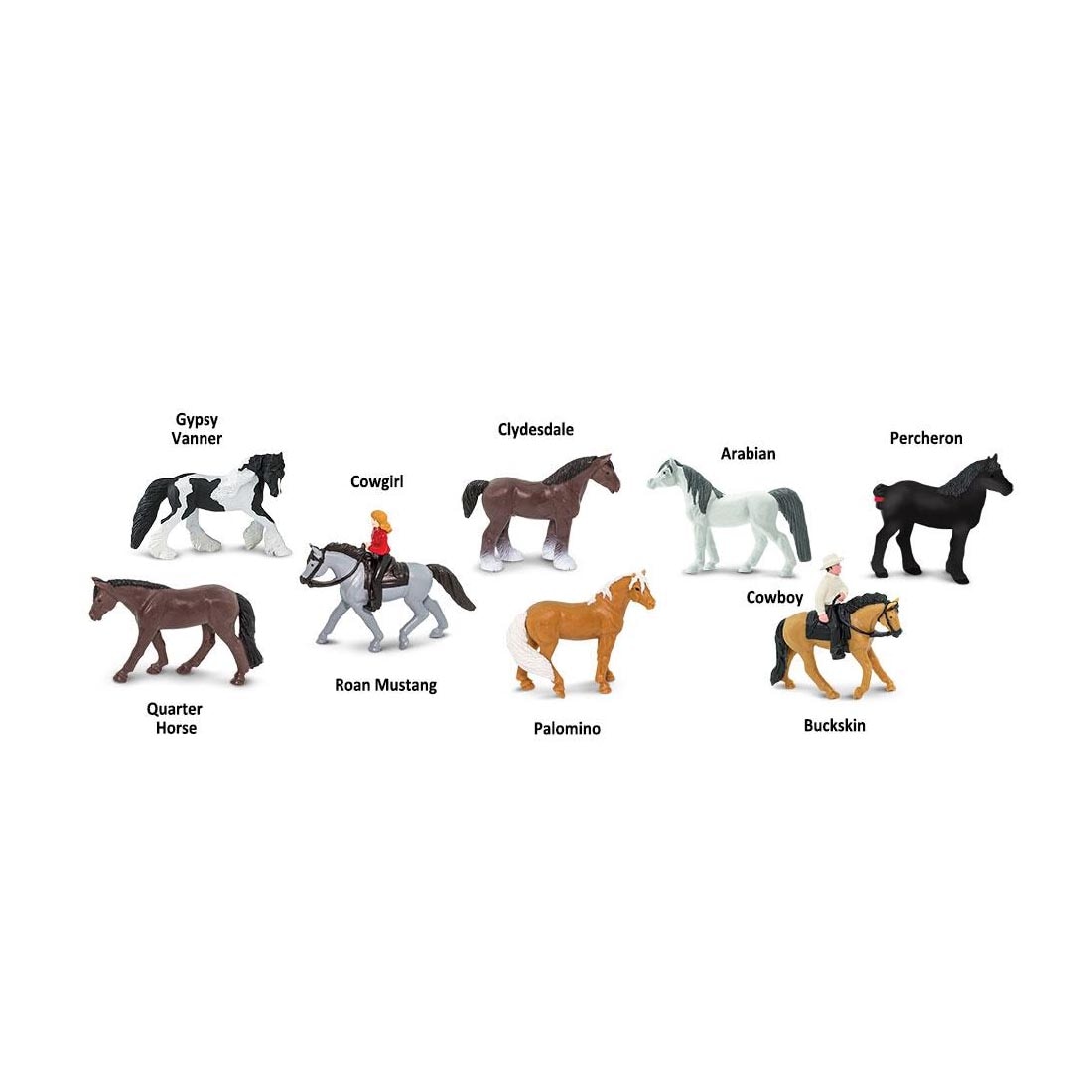 8 pieces from the Horses & Riders Figurine Set labeled with their names: Gypsy Vanner, Clydesdale, Arabian, Percheron, Quarter Horse, Roan Mustang, Palomino, Buckskin; Cowgirl and Cowboy