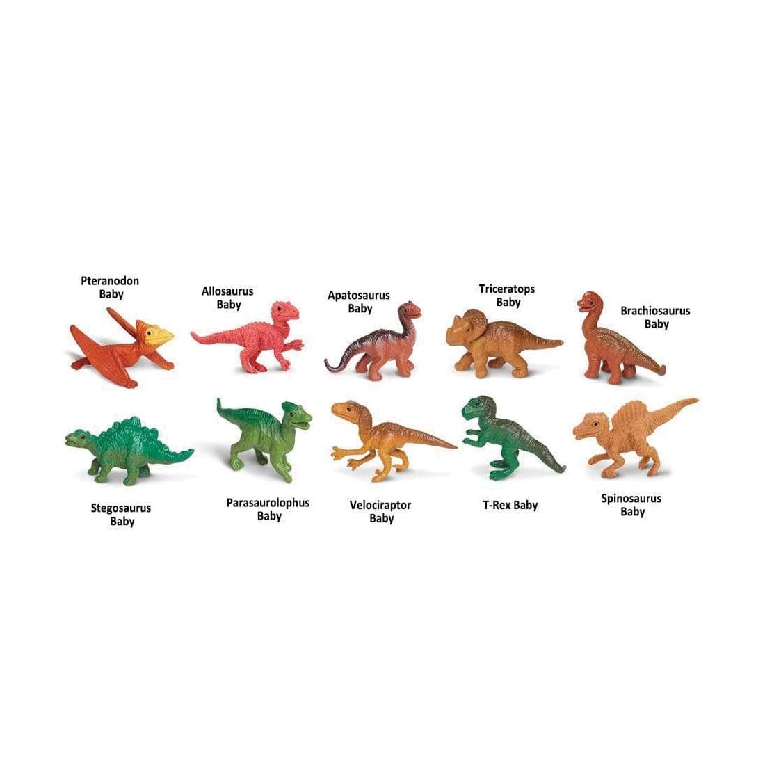10 figurines from the Dino Babies Toob labeled with their names