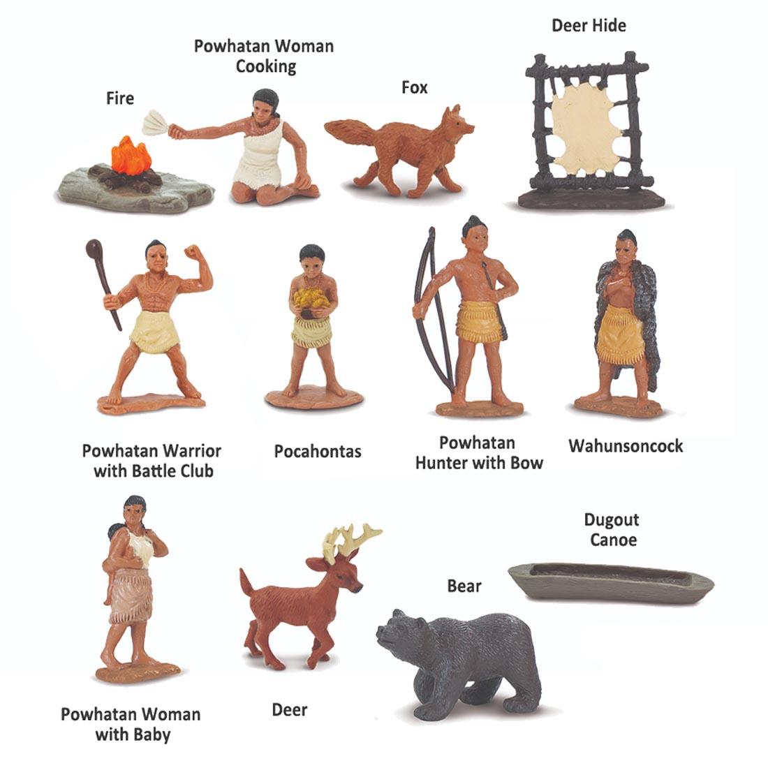 12 pieces from the Powhatan Indians Figurine Set labeled with their names: fire, woman cooking, fox, deer hide, warrior, Pocahontas, hunter, Wahunsoncock, woman with baby, dugout canoe, etc.