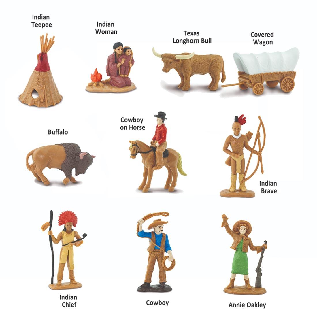 10 pieces from the Wild West Figurine Set labeled with their names: Indian teepee and woman, Texas longhorn bull, covered wagon, buffalo, Indian brave, Indian chief, cowboy, Annie Oakley