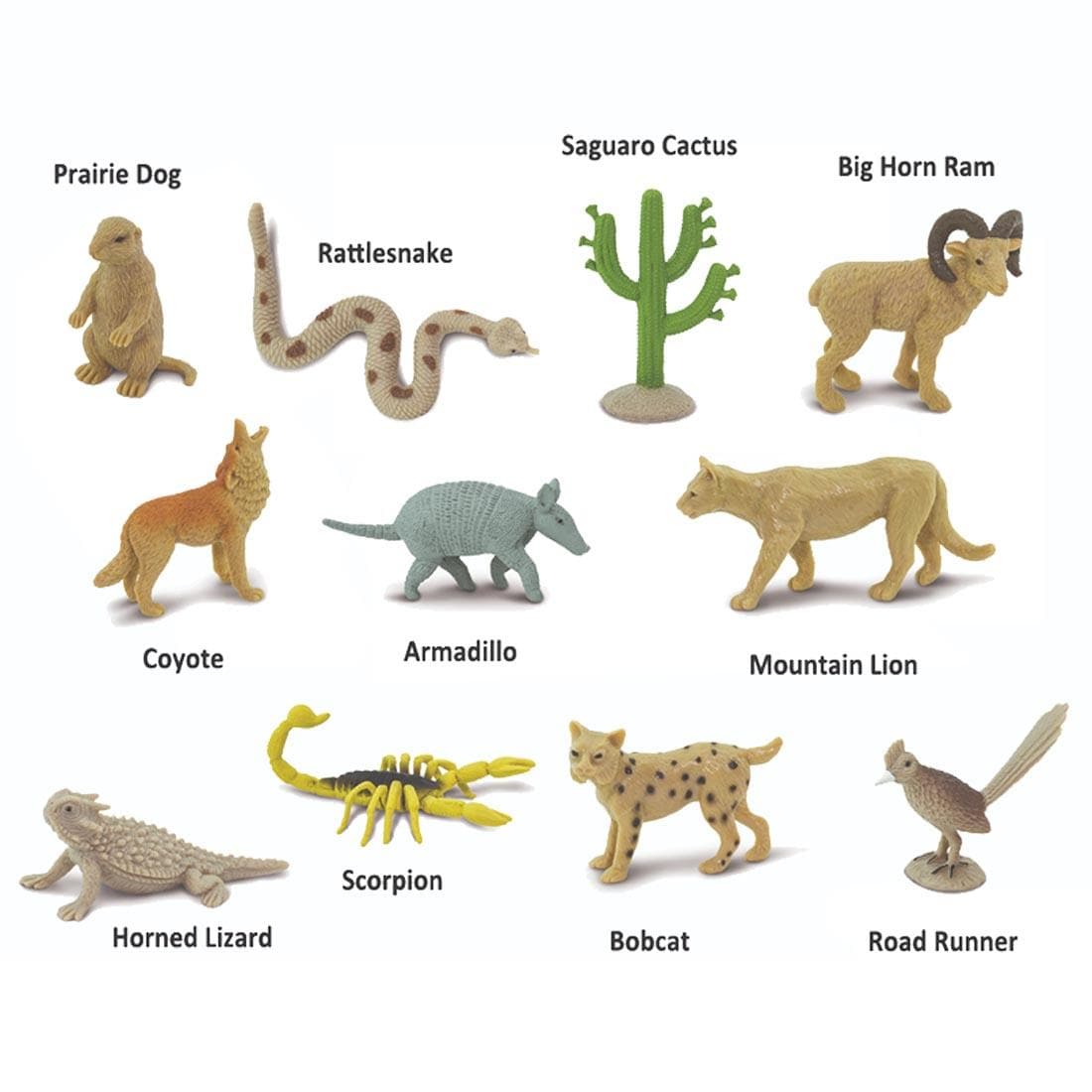 11 creatures from the Desert Figurine Set labeled with their names: prairie dog, rattlesnake, saguaro cactus, big horn ram, coyote, armadillo, mountain lion, horned lizard, scorpion, bobcat, road run