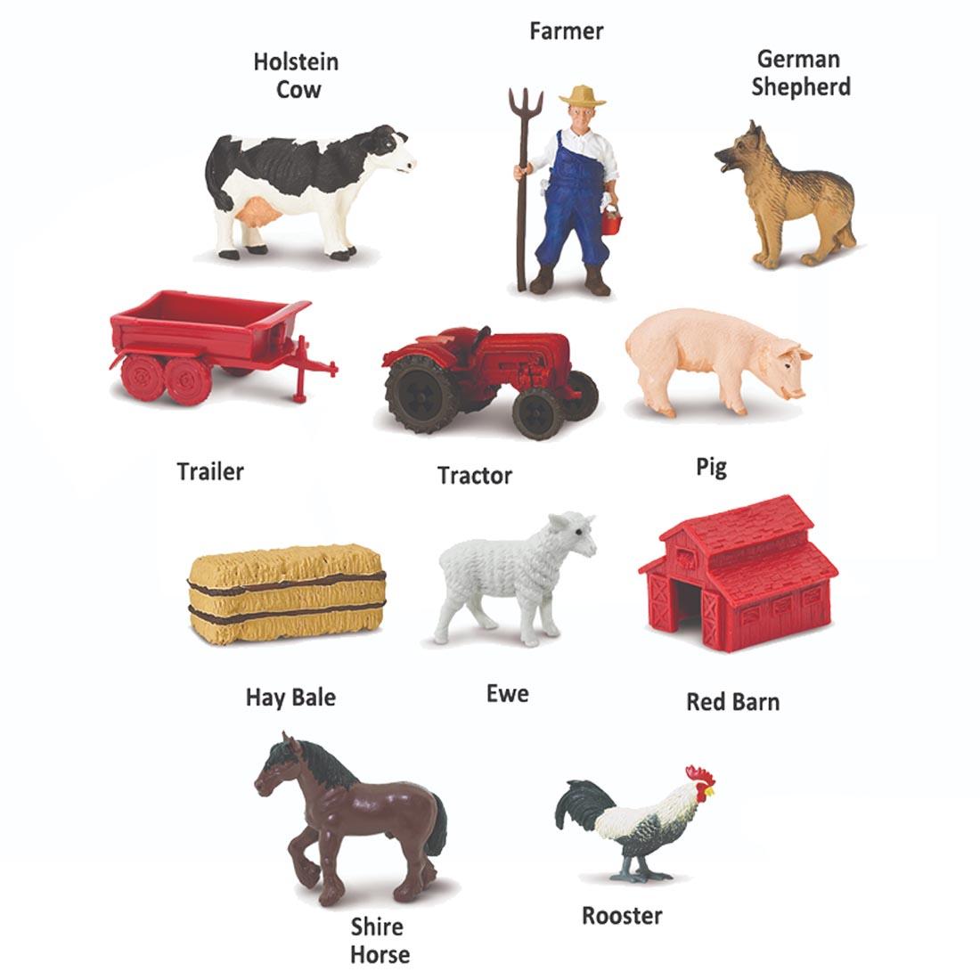 11 pieces from the Down on the Farm Figurine Set labeled with their names: holstein cow, farmer, german shepherd, trailer, tractor, pig, hay bale, ewe, red barn, shire horse, rooster