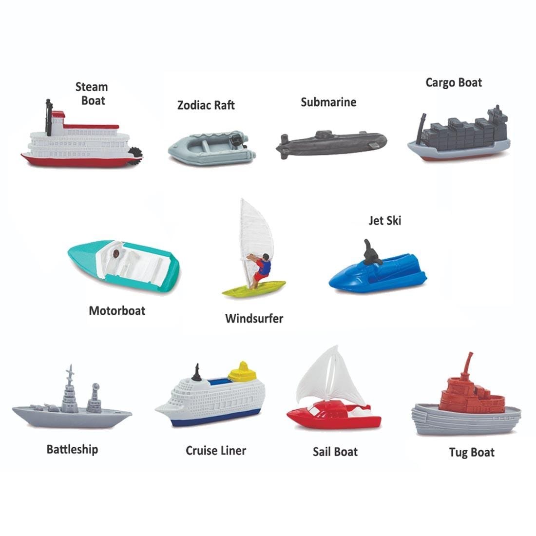 11 crafts from the In the Water Figurine Set labeled with their names: steam boat, zodiac raft, submarine, cargo boat, motorboat, windsurfer, jet ski, battleship, cruise liner, sail boat, tug boat