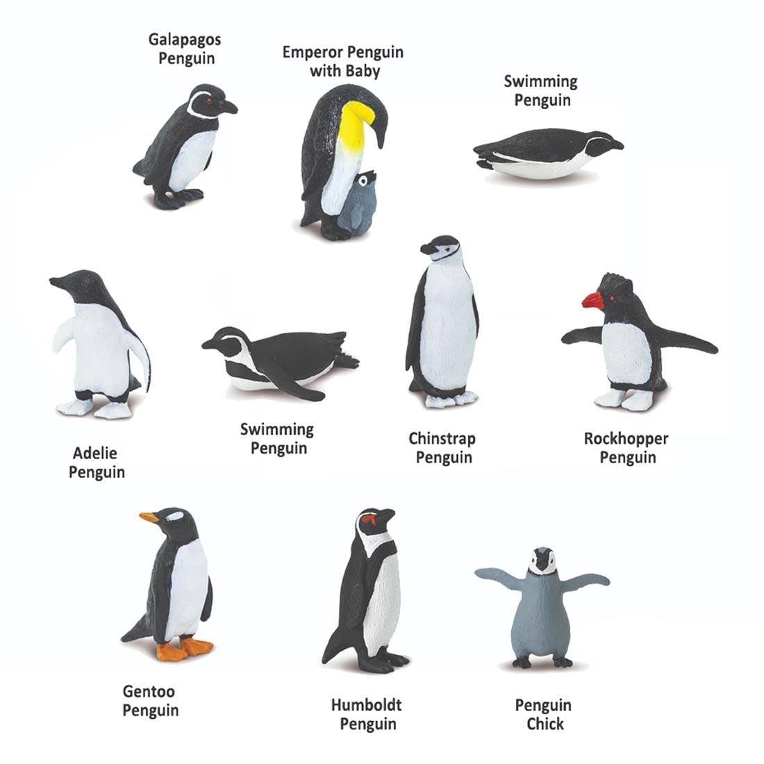 10 Penguin Figurines labeled with their names