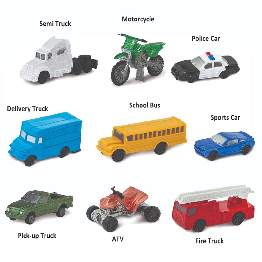 9 pieces from the On the Road Figurine Set labeled with their names: semi truck, motorcycle, police car, delivery truck, school bus, sports car, pick-up truck, ATV, fire truck