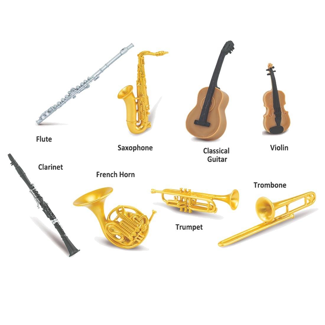 8 pieces from the Musical Instruments Figurine Set labeled with their names: flute, saxophone, classical guitar, violin, clarinet, french horn, trumpet, trombone