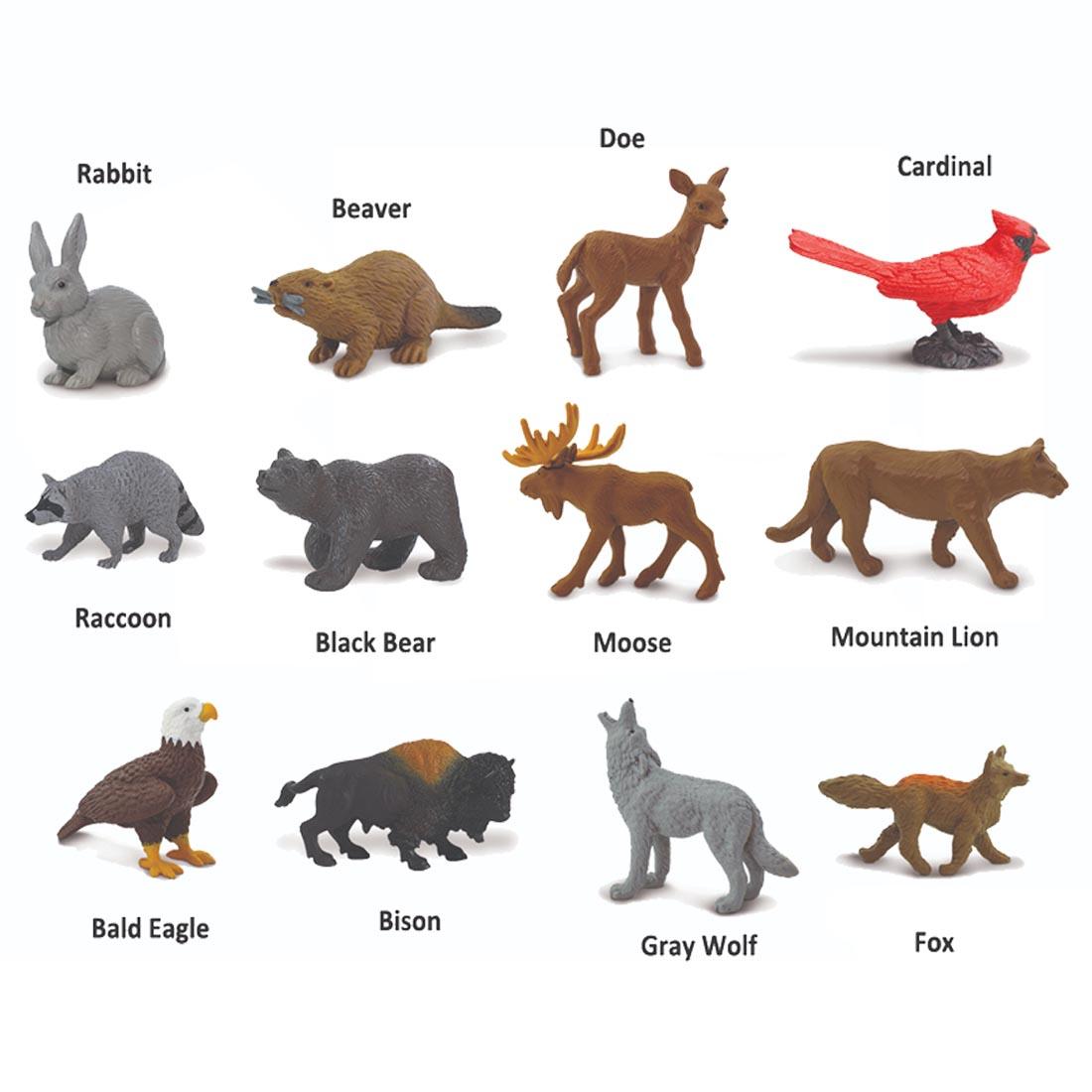 12 creatures from the Nature Figurine Set labeled with their names: rabbit, beaver, doe, cardinal, raccoon, black bear, moose, mountain lion, bald eagle, bison, gray wolf, fox