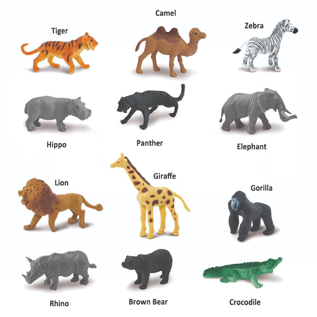 12 creatures from the Wild Figurine Set labeled with their names: tiger, camel, zebra, hippo, panther, elephant, lion, giraffe, gorilla, rhino, brown bear, crocodile
