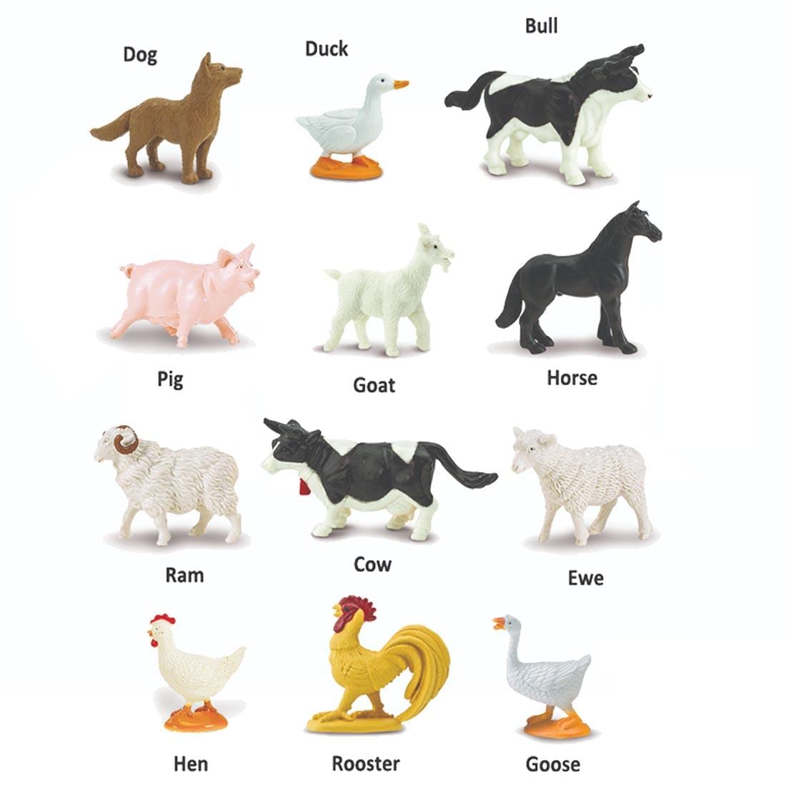 12 creatures from the Farm Figurine Set labeled with their names: dog, duck, bull, pig, goat, horse, ram, cow, ewe, hen, rooster, goose