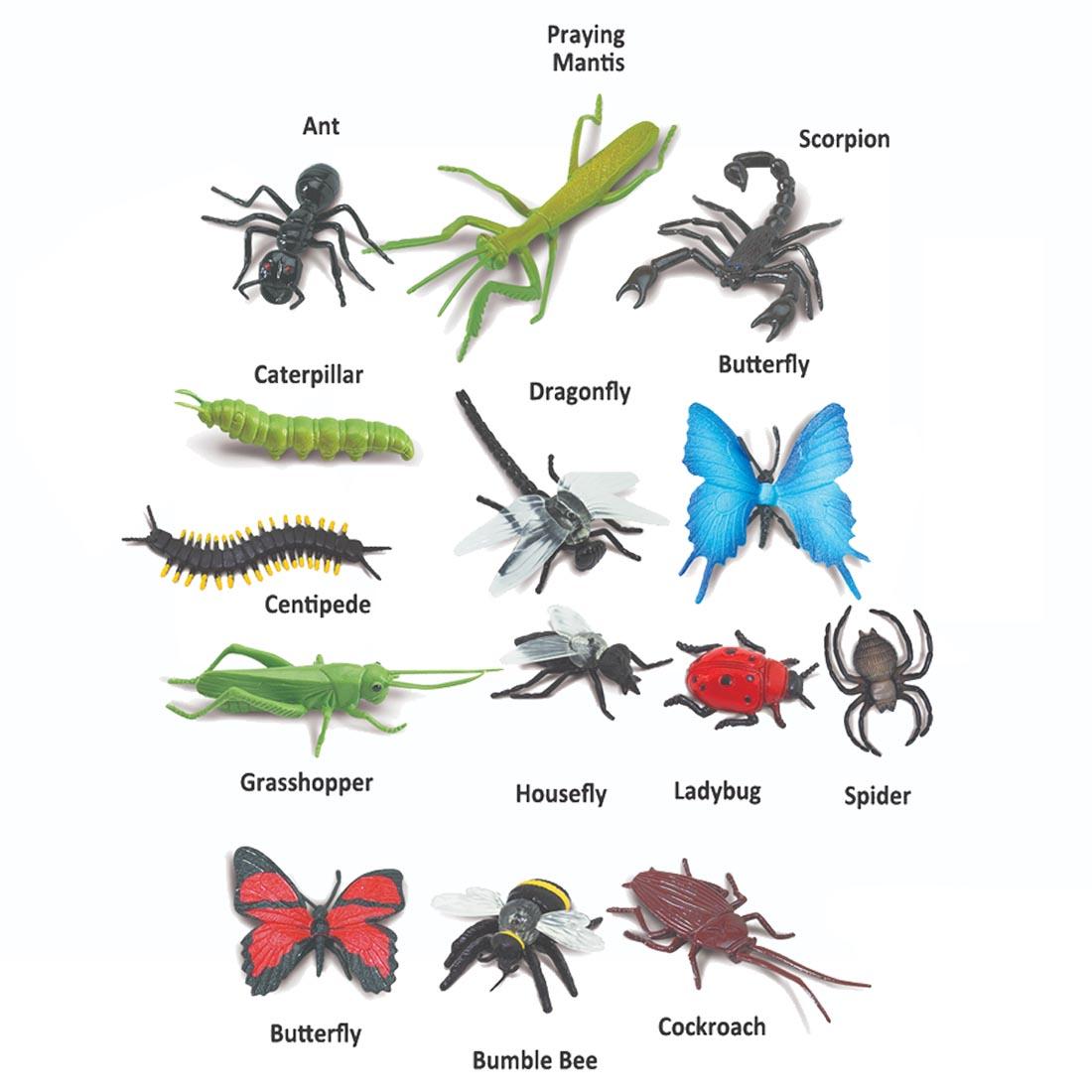 14 creatures from the Insects Figurine Set labeled with their names: ant, praying mantis, scorpion, caterpillar, dragonfly, butterfly (blue & red), centipede, grasshopper, housefly, ladybug, spider,