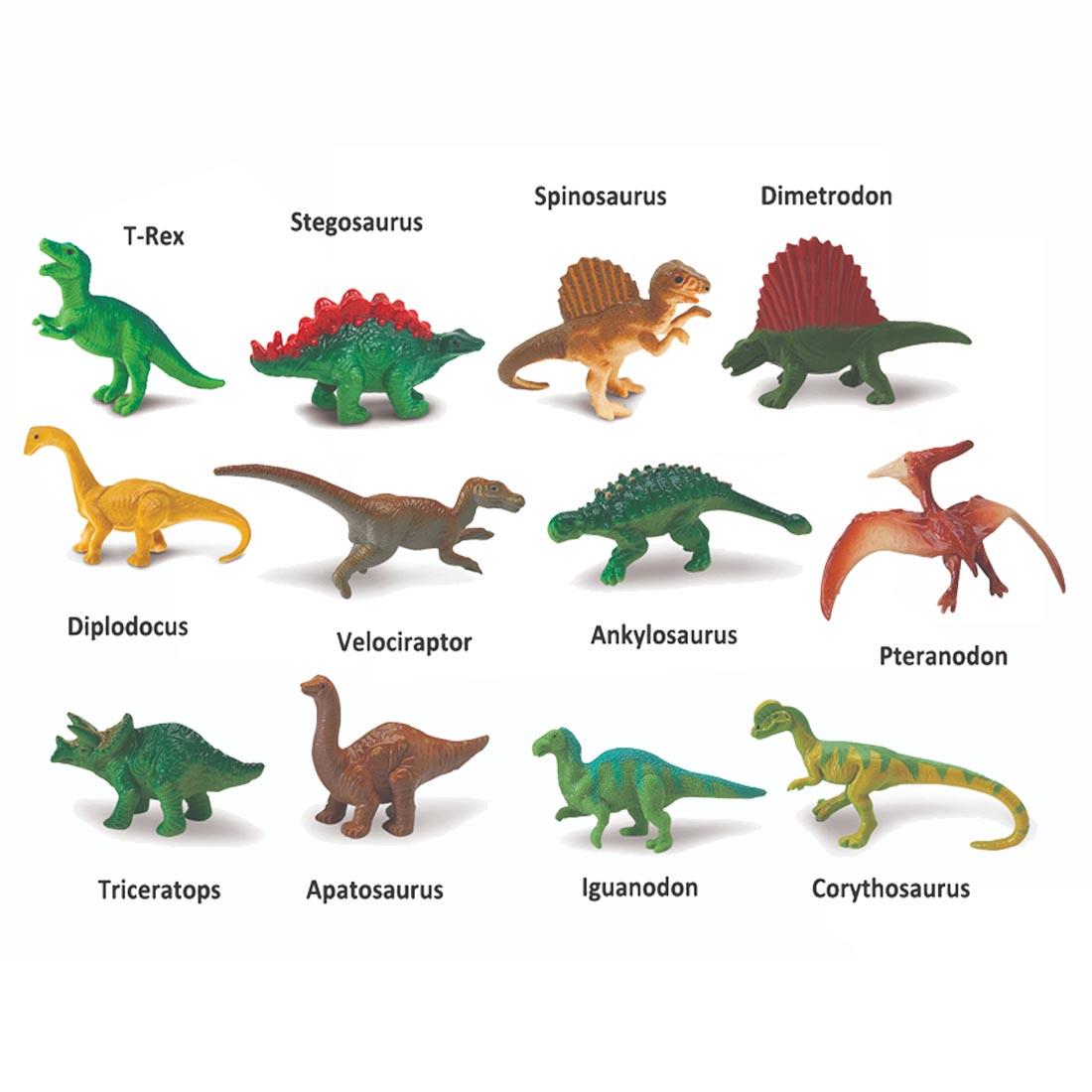 12 Dino Figurines labeled with their names: t-rex, stegosaurus, spinosaurus, dimetrodon, diplodocus, velociraptor, ankylosaurus, pteranodon, triceratops, apatosaurus, iguanodon, corythosaurus