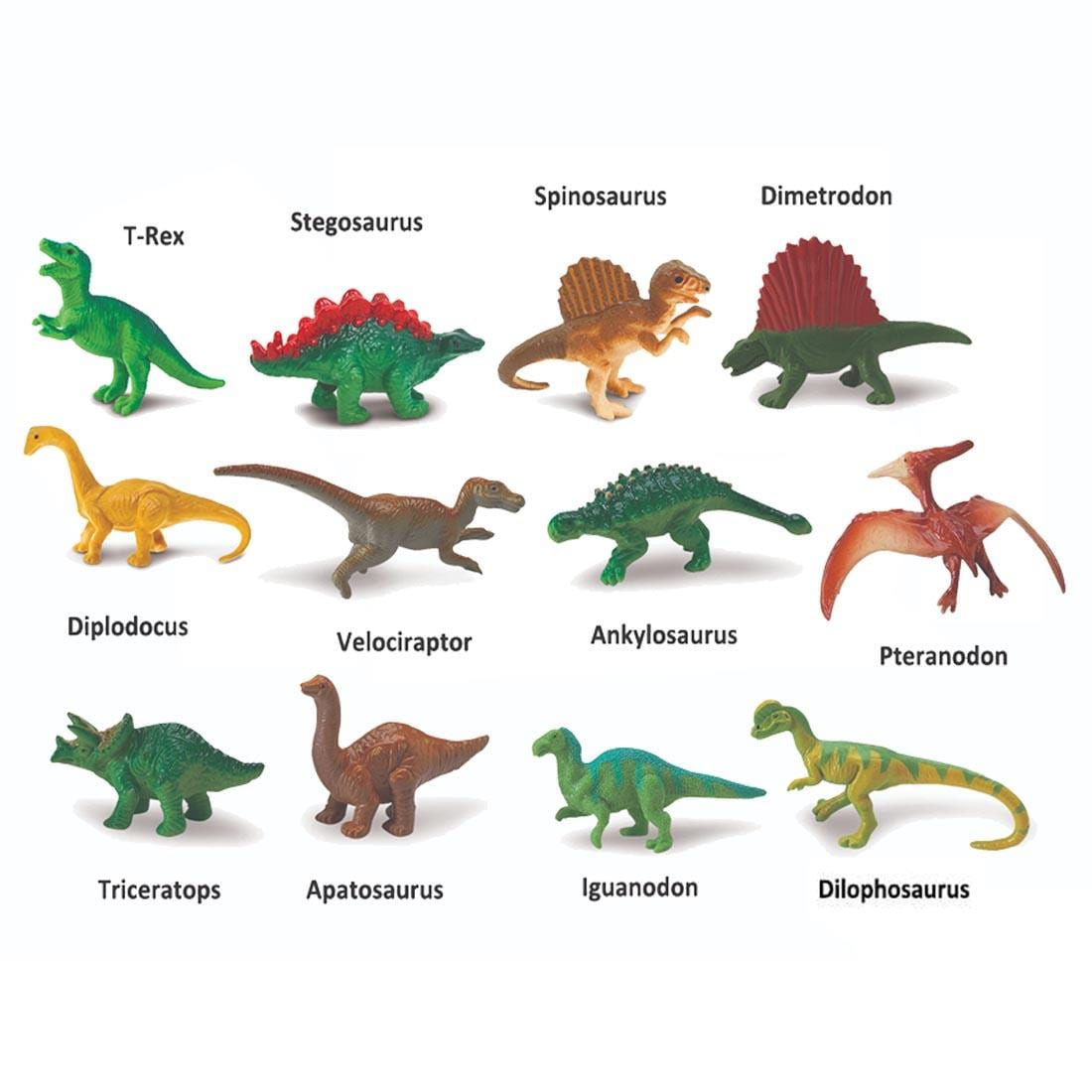 12 Dino Figurines labeled with their names: t-rex, stegosaurus, spinosaurus, dimetrodon, diplodocus, velociraptor, ankylosaurus, pteranodon, triceratops, apatosaurus, iguanodon, corythosaurus